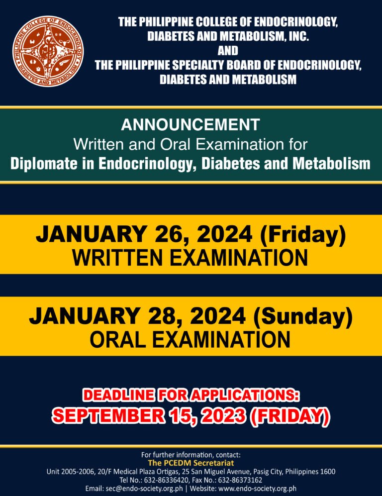 The written and oral examination to become a diplomate of PCEDM is on January 26 and 28, 2023 respectively. The deadline for submission of the application is on September 15, 2023.